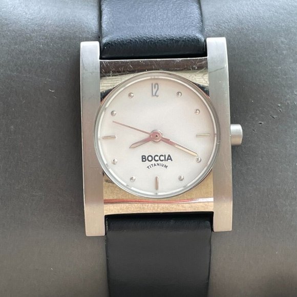 Vintage Boccia Titanium Swiss Quartz Analog Women Wrist Watch Black Leather Band